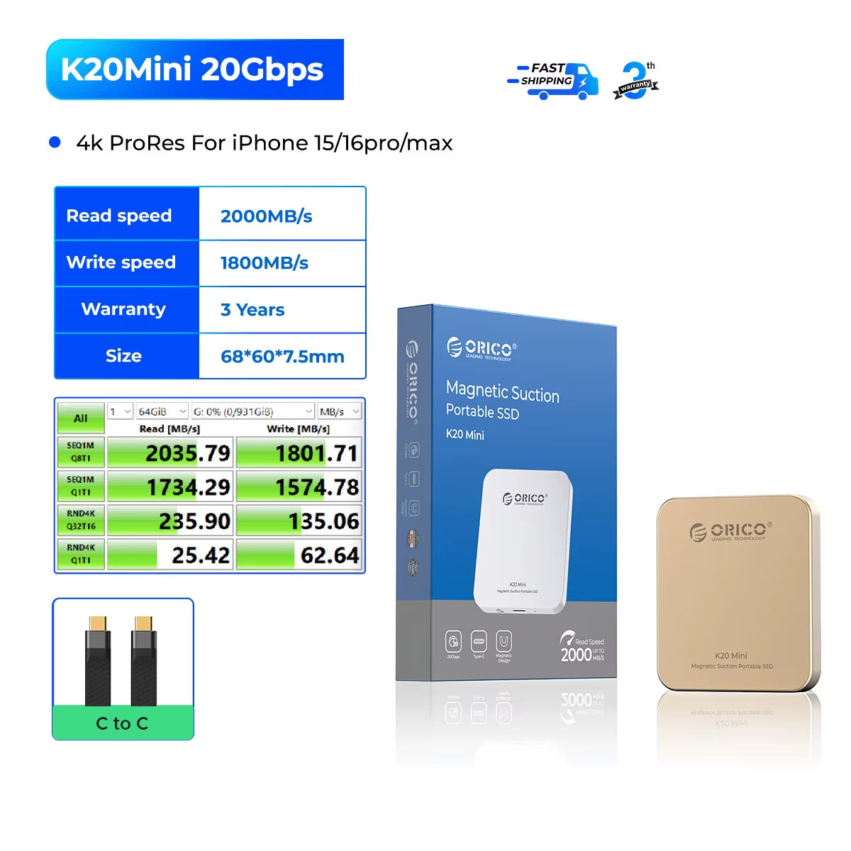 K20Mini Magnetic SSD (iPhone 16/15 Pro/Max) – 2000MB/s, 4K ProRes