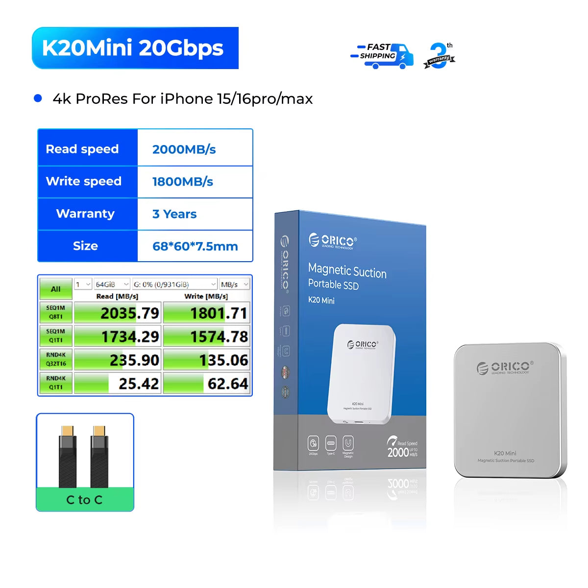 K20Mini Magnetic SSD (iPhone 16/15 Pro/Max) – 2000MB/s, 4K ProRes